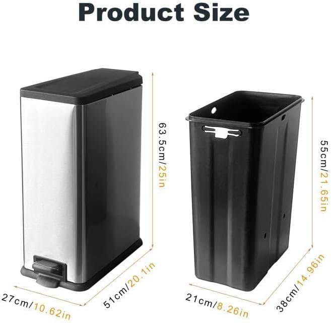 12 Gallon Trash Can with Lid,45L Kitchen Garbage Can,Stainless Steel Trash Can for Narrow Spaces with Soft-Close Lid, Inner Bucket, and Step-on Pedal