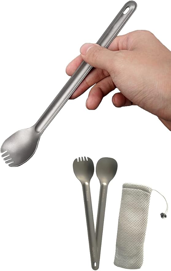 Titanium Long Handle Spork and Spoon, 8.6" Camping Cutlery Set