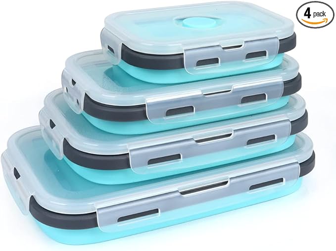 Set of 4 Collapsible Foldable Silicone Food Storage Containers,Ktichen Collapsible Storage Bowls with Airtight Plastic Lids for Leftover, Silicone Lunch Box-Microwave,Dishwasher,Freezer Safe
