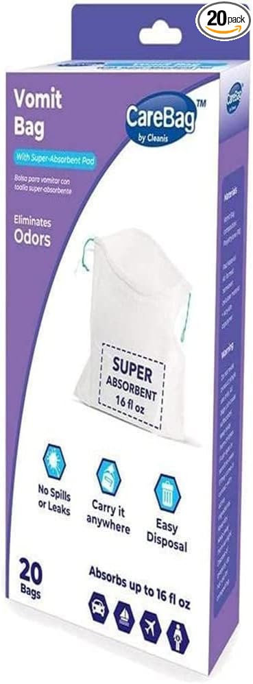 The Original Carebag Emesis Bag with Super Absorbent Pouch- Absorbs 16 oz, No More Leaks and Splashes- Single Use- Reduces Odors- Easy Disposal, 20 Vomit Bags