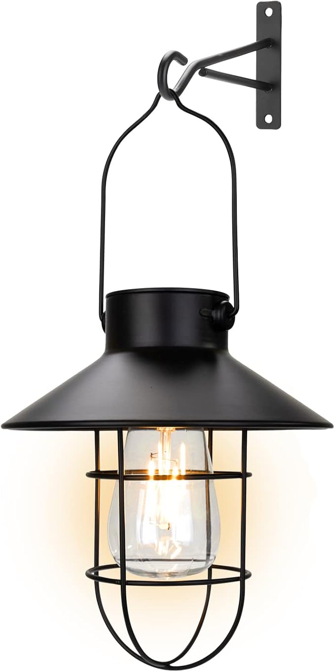 pearlstar Solar Lanterns Outdoor Metal Solar Powered Hanging Lights Waterproof for Wall Yard Garden Patio Garage Balcony Porch Fence Decor, Warm White Edison Bulb,with Wall Mount Kit(Black-1pack)