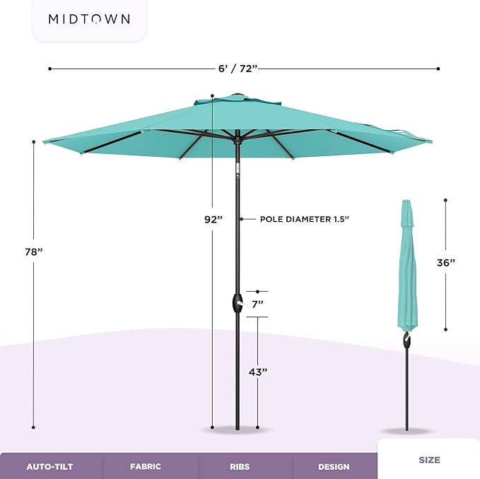 Midtown Umbrellas 10-Year-No-Fade - 6 Ft - UV Proof Navy Blue Fabric - Umbrella Outdoor Patio, Auto-Tilt Aluminum Frame Large Patio Umbrella for Garden, Pool & Deck - Black Pole