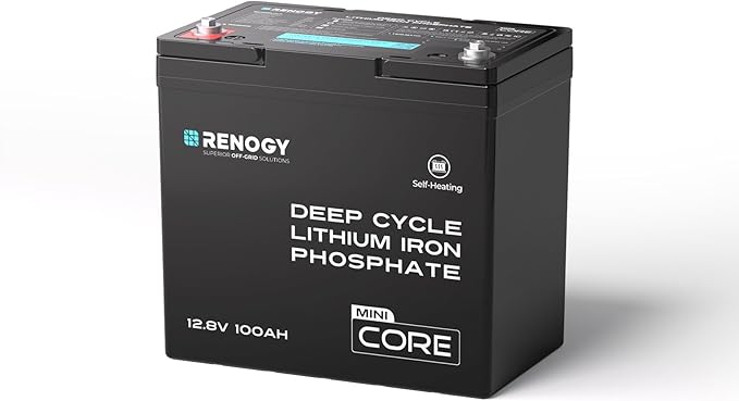 Renogy 12V 100Ah Lithium LiFePO4 Battery Self-Heating w/DuoHeat Tech, Built-in 100A BMS in Mini Size, Deep Cycle Batteries for Icefishing, RVs, Cabins, and Off-Grid Systems