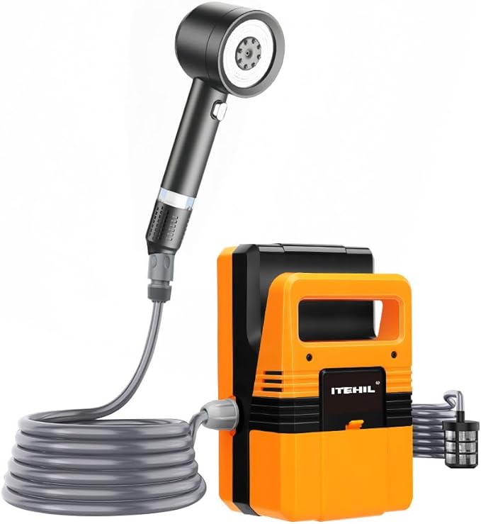 Portable Shower for Camping, Rechargeable Camping Shower with 4 Spray Modes, IPX7 Waterproof Outdoor Camp Pump for Hiking, Travel, Car, Pet