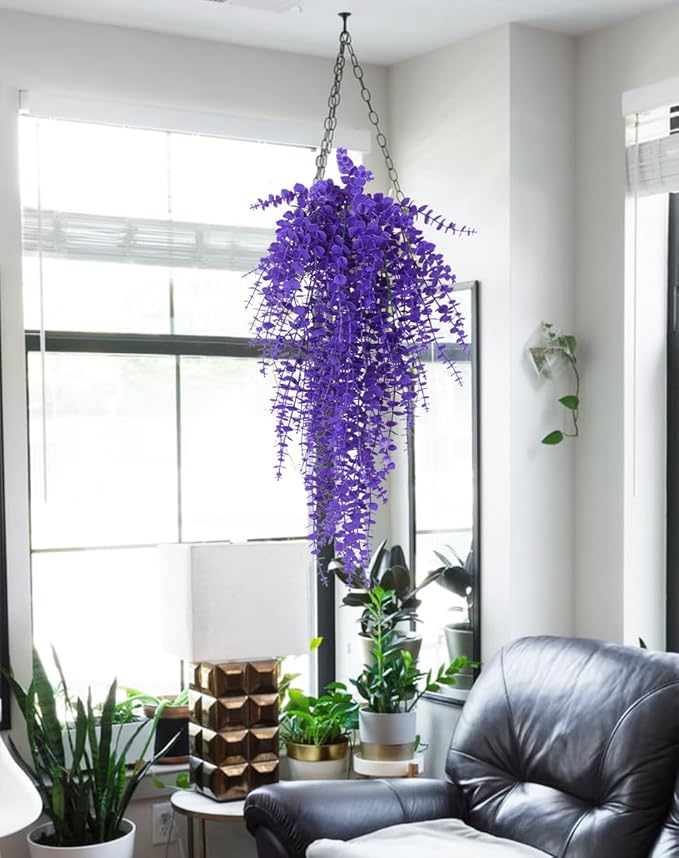 RECUTMS Artificial Hanging Plants Fake Plants Greenery Vines Aritificial Plants Eucalyptus Purple Leaves Hanging Vines Plant Colorful Outdoor Faux Vines Wall Decoration(Pure Purple)