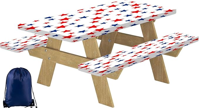 CAPSCEOLL Picnic Table Cover with Bench Covers 8Ft 4Th of July Waterproof Camping Tablecloth All-Weather Outdoor Table Protector with Drawstring Bag for Camping Essentials, 96X30In, Stars