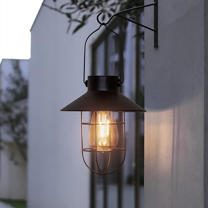 pearlstar Solar Lanterns Outdoor Metal Solar Powered Hanging Lights Waterproof for Wall Yard Garden Patio Garage Balcony Porch Fence Decor, Warm White Edison Bulb,with Wall Mount Kit(Black-1pack)
