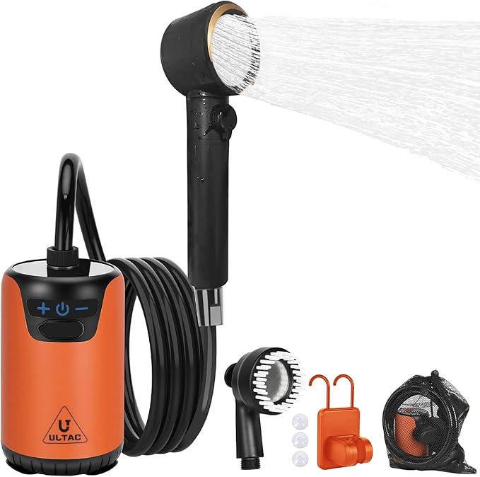 Portable Shower for Camping, 10000mAh Outdoor Electric Shower Pump Rechargeable IPX7 Waterproof Camp Shower with LED Display and 2 Head Nozzle for Camping, Hiking, Travel, Car, Pet