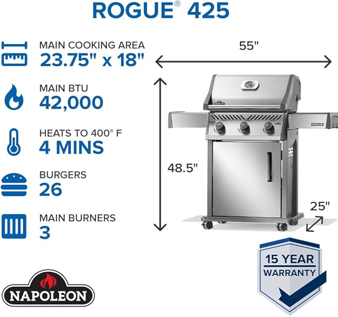 Napoleon Rogue 425 Natural Gas Grill, Stainless Steel, Durable 3-Burner Gas BBQ