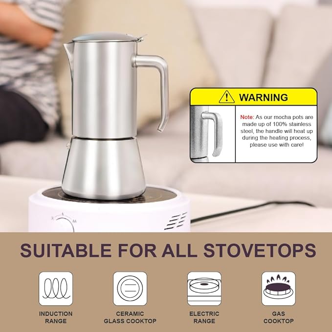 wedrink Stovetop Espresso Coffee Maker 6 Cups Stainless Steel Moka Pot for Greca, Induction, Electric & Gas Stoves(10 OZ/300ml)
