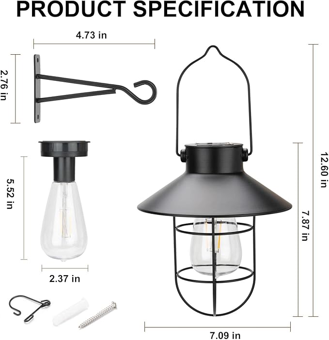 pearlstar Solar Lanterns Outdoor Metal Solar Powered Hanging Lights Waterproof for Wall Yard Garden Patio Garage Balcony Porch Fence Decor, Warm White Edison Bulb,with Wall Mount Kit(Black-1pack)