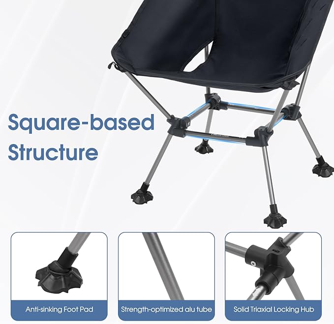MOON LENCE Portable Camping Chair Plus Size, Folding Backpacking Beach Chair with Groundgrip Feet, Upgraded Comfort & Size, Still Compact and Lightweight for Hiking, 330Lbs Capacity (Black)