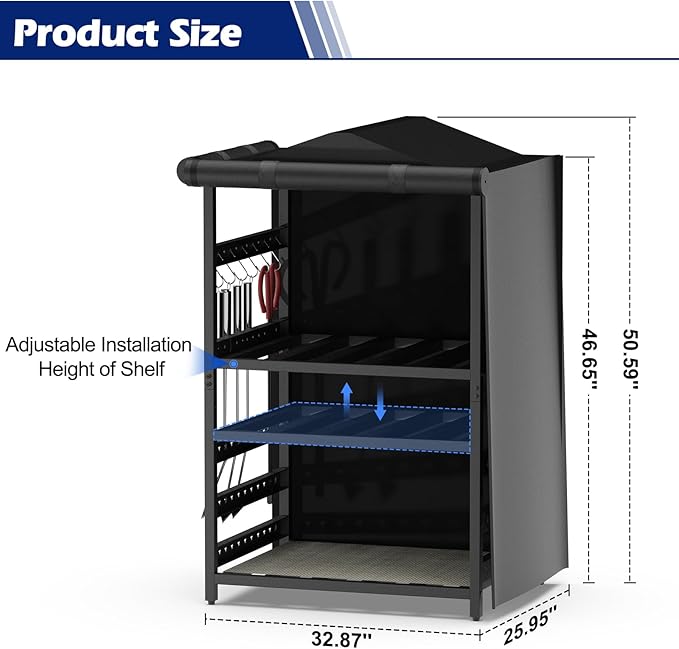 Storage Station for Solo Stove Bonfire, Yukon, Ranger, Firewood Rack Outdoor with Cover, Storage Rack for Fire Pit Accessories, with Waterproof Cover, Adjustable Shelf, Iron Black