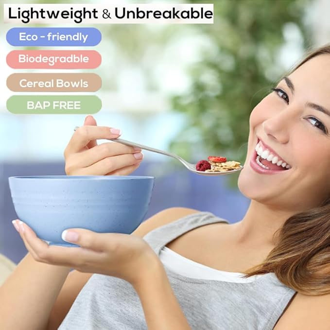 Unbreakable Cereal Bowls 24 oz - Reusable Wheat Straw Bowl - Dishwasher & Microwave Safe- BPA Free - Perfect for Cereal Reusable Dinner Bowls 4 Set, Oatmeal Salad