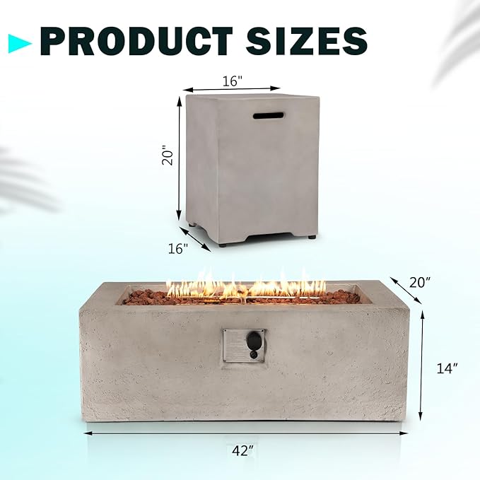 Rectangular Propane Fire Pit,42 Inch Outdoor Fire Pit Table 2-Piece 50,000 BTU,Concrete Firepit with Tank Cover Table w/Lava Rocks Gas Fireplace for Patio & Deck