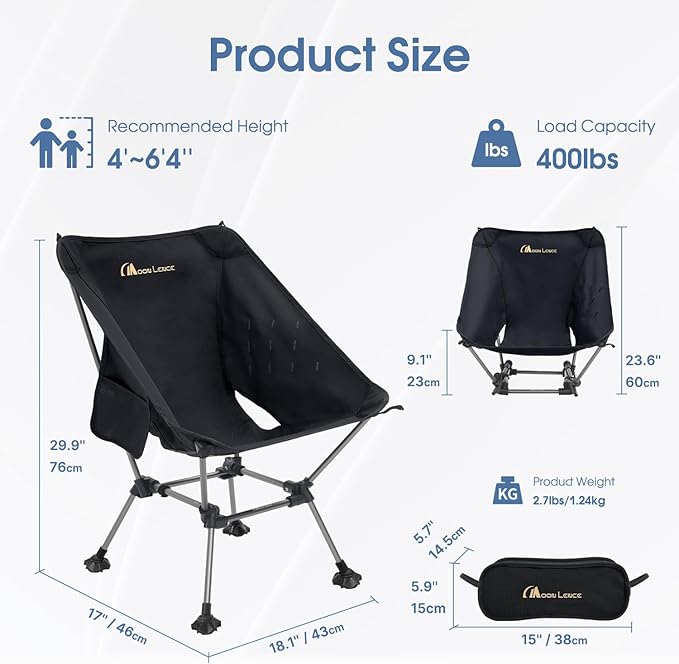 MOON LENCE Portable Camping Chair Plus Size, Folding Backpacking Beach Chair with Groundgrip Feet, Upgraded Comfort & Size, Still Compact and Lightweight for Hiking, 330Lbs Capacity (Black)