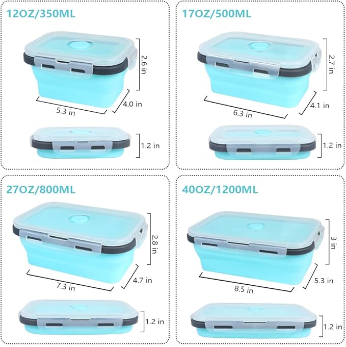 Set of 4 Collapsible Foldable Silicone Food Storage Containers,Ktichen Collapsible Storage Bowls with Airtight Plastic Lids for Leftover, Silicone Lunch Box-Microwave,Dishwasher,Freezer Safe
