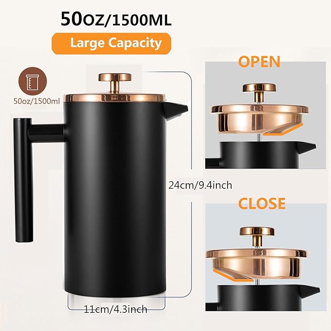 Stainless Steel French Press Coffee Maker 1500ml, Black Double-Wall Insulated Large French Coffee Press for travel camping,Large Capacity (50oz, Black)