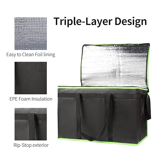 Bodaon 5-Pack Cooler Insulated Food Delivery Bag for Doordash/Uber Eats, XXX-Large Thermal Bags for Catering/Hot Pizza, Travel/Camping/Picnic Basket,Grocery Reusable Warmer Frozen, Black-Green Edge