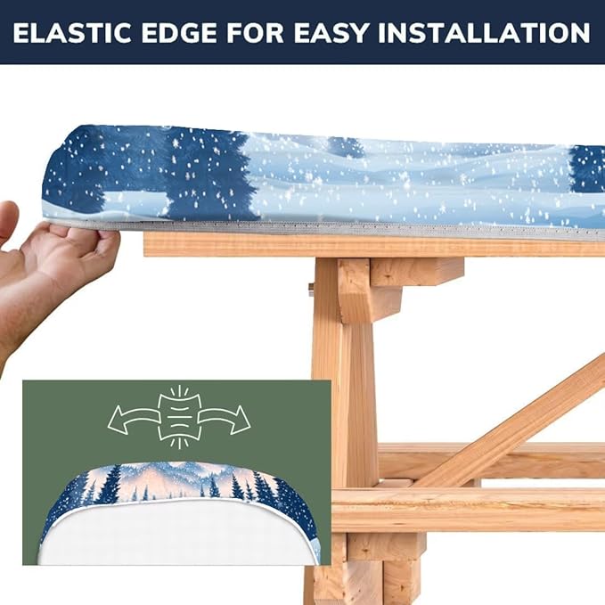 CAPSCEOLL Elastic Picnic Table Cover with Bench Covers 5Ft Waterproof Fitted Picnic Table Cover Cloths for Outdoors Camping Tablecloth with Drawstring Bag, 60X30in, Snow Mountain
