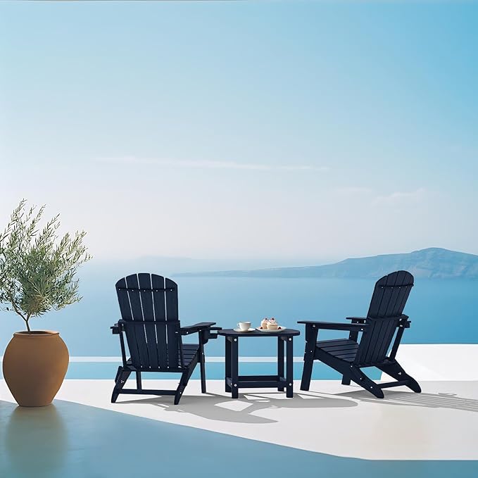 Folding Adirondack Chair, SGS Tested, Wooden Textured with Cup Holder, Heavy All-Weather HDPE Comfortable Set Poolside Backyard Lawn Navy Blue Set 4