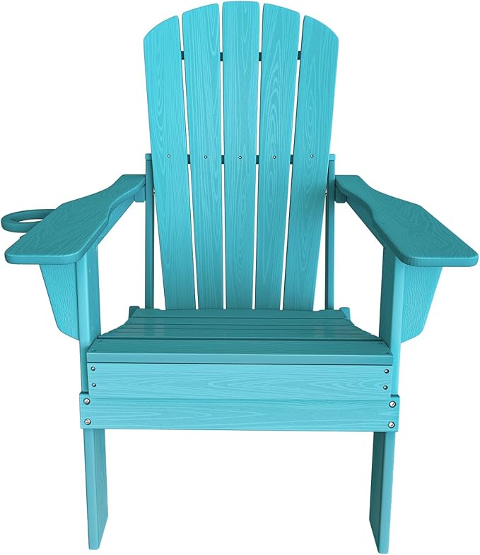 Folding Adirondack Chair, SGS Tested, Wooden Textured with Cup Holder, Heavy All-Weather HDPE Comfortable Set Poolside Backyard Lawn Aruba Blue Set 4