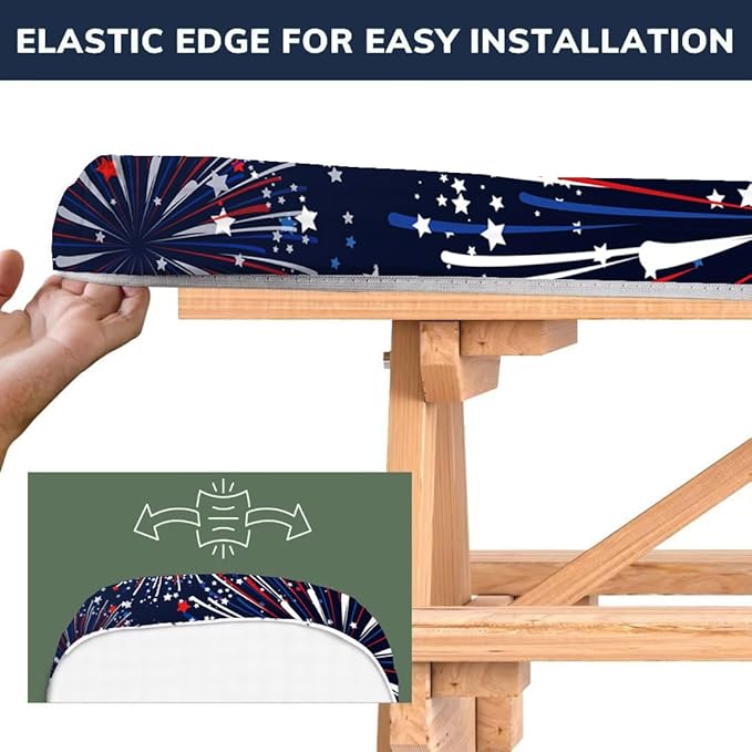 CAPSCEOLL Picnic Table Cover with Bench Covers 8Ft 4Th of July Waterproof Camping Tablecloth All-Weather Outdoor Table Protector with Drawstring Bag for Camping Essentials, 96X30In, Fireworks