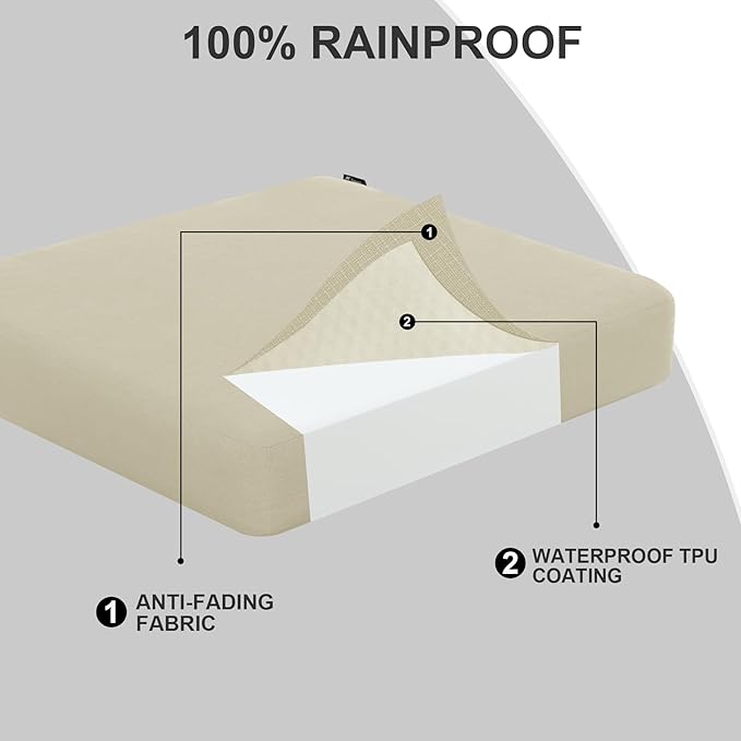 Favoyard Outdoor Chair Cushion 16 x 17 x 3 Inch Rainproof & 3-Year Fade Resistant Patio Furniture Cushions with Removable Cover and Adjustable Ties for Garden Sofa Couch Pads Set of 2, Beige