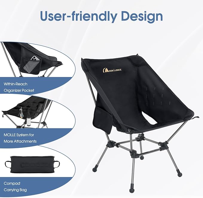 MOON LENCE Portable Camping Chair Plus, Larger & Roomier, Compact and Lightweight Still, Folding Chair for Backpacking & Hiking, 330Lbs Capacity (Black)