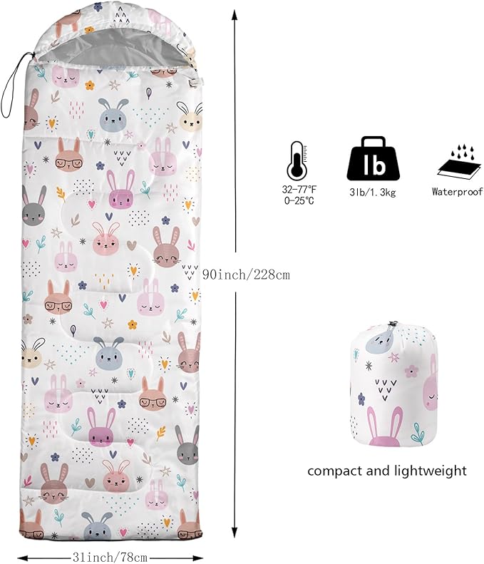 Sleeping Bags for Adults and Kids,3D Printing Camping Sleeping Bag for Girls Boys Lightweight Waterproof Cold/Warm 3-Season,Outdoor Travel with Compression Bags
