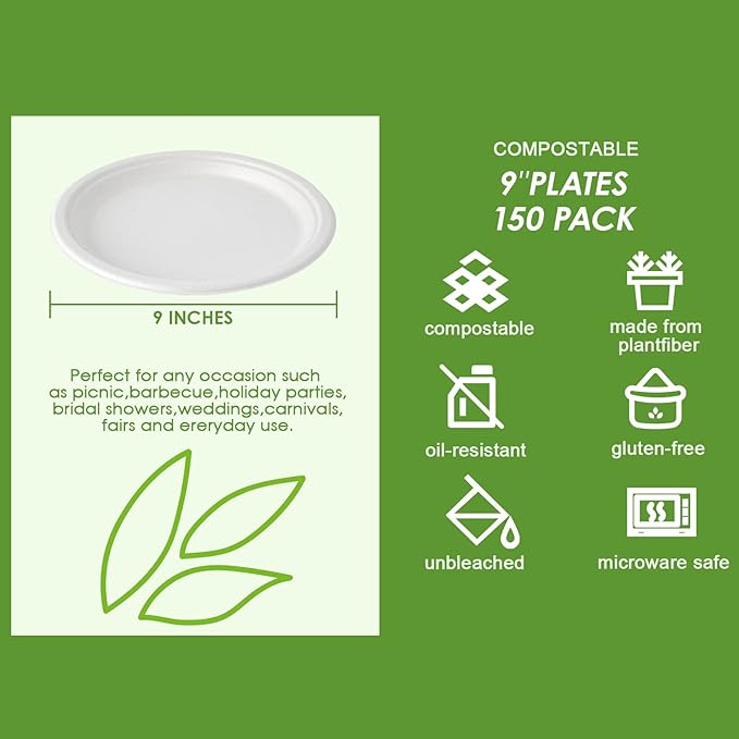Vplus 150 Pack Paper Plates 9 inch 100% Compostable, Heavy-Duty Disposable Paper Plates Bagasse Natural Biodegradable Eco-Friendly Sugarcane(White)