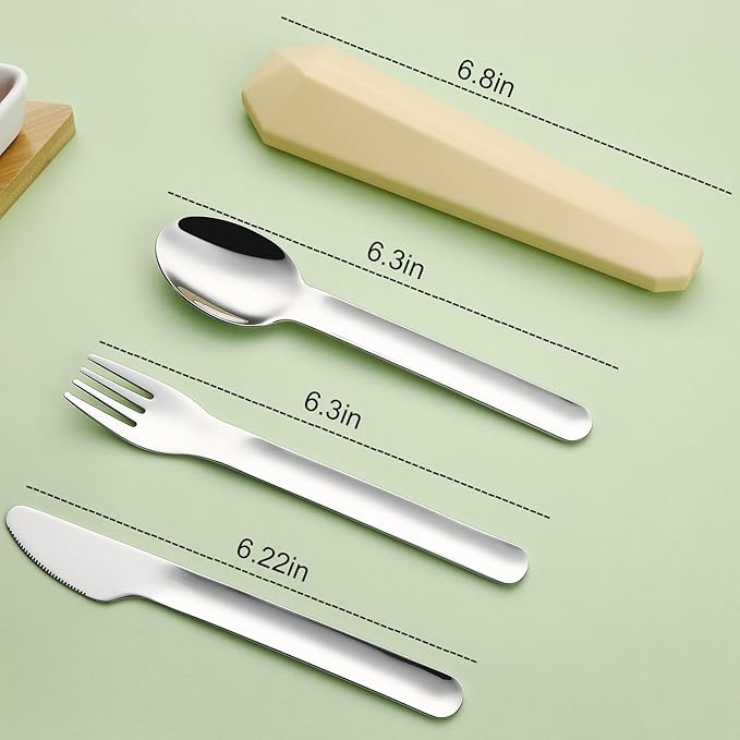 DEVICO Travel Utensils with Case, Reusable Camping Silverware Cutlery, 18/8 Stainless Steel Portable Fork Spoon Knife Set for Lunch Picnic School Workplace (Yellow)
