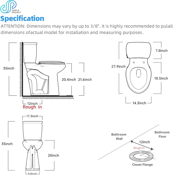 Simple Project Tall Toilets for Seniors 21 inch Extra High Toilets, ADA Comfort Toilet Bowl Heigh 21", Elongated Two-Piece Toilet 1.28GPF Powerful, 12 Inch Rough-in, Bone Color, for Bathroom