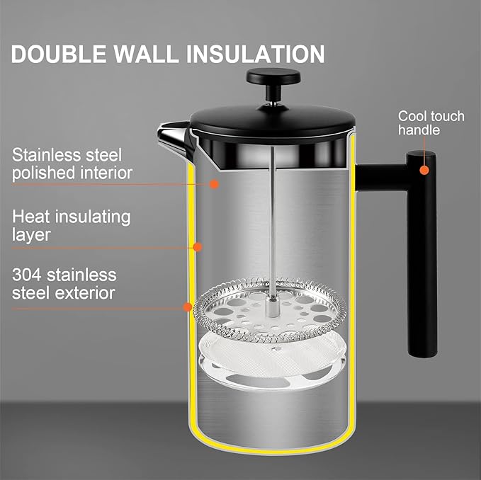 Secura French Press Coffee Maker with 3-Layer Stainless Steel Filter, 34 oz Black, Double-Walled Insulated Design with 2 Extra Filters