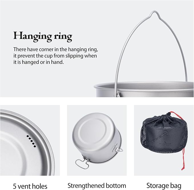 iBasingo 1.95L (1950ml) Titanium Pot with Lid Ultralight Camping Cookware for Backpacking, Hiking & Outdoor Cooking, Compact Backpacker Pot with Measurement Marks, Folding Handle Ti2044C