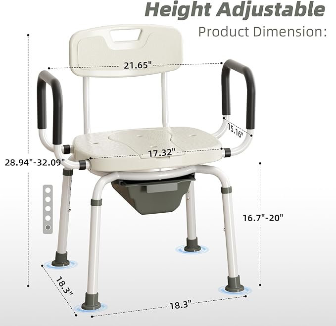 4 in 1 Bedside Commode for Seniors,Portable Toilet for Adults with Arms & Removable Bucket,Height Adjustable Commode Chair for Toilet,Swivel Shower Chair for Inside Shower for Handicapped, Adults
