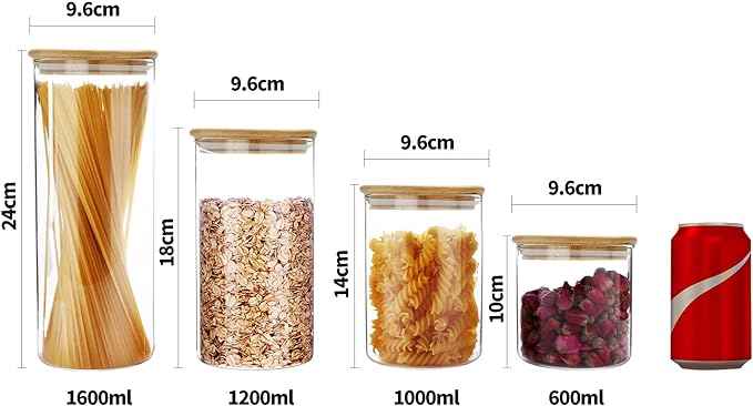SIXAQUAE Glass Food Storage Containers Jar Seal Bamboo Lids 4 Packs 600ml Airtight Canister Organization Sets Stackable…