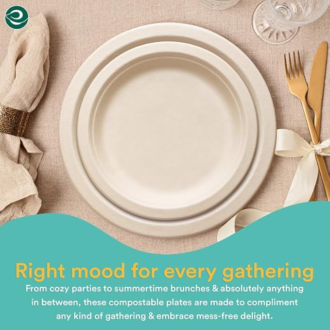 ECO SOUL Compostable 9 Inch Biodegradable Disposable Paper Plates | Eco-Friendly Dinner, Party, Wedding, Event