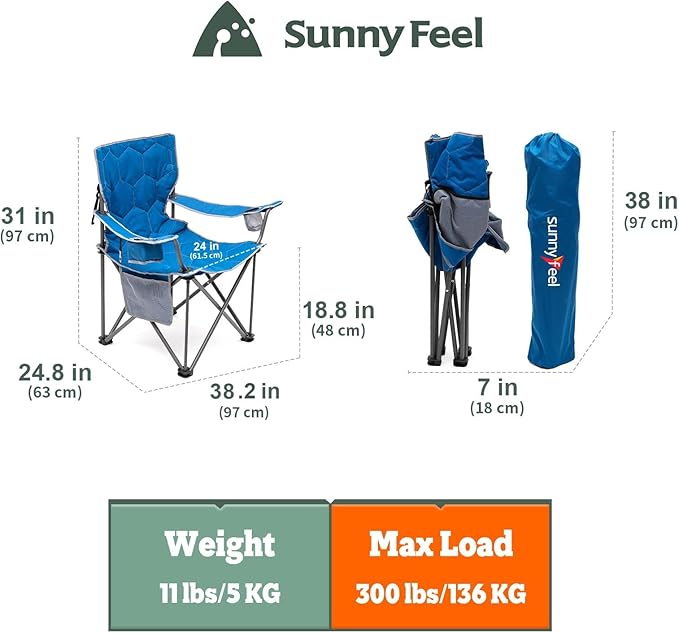 SUNNYFEEL Oversized Folding Camping Chair 500 LBS Heavy Duty Lawn Chairs with Blue Portable Folding with Armrest, Cup Holder, Pocket &Bag for Outdoor Camping/Beach/Travel/Picnic/Fishing
