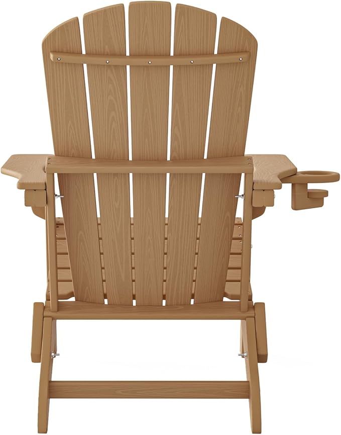 Folding Adirondack Chair, SGS Tested, Wooden Textured with Cup Holder, Heavy All-Weather HDPE Comfortable Set Poolside Backyard Lawn Teak Set 4
