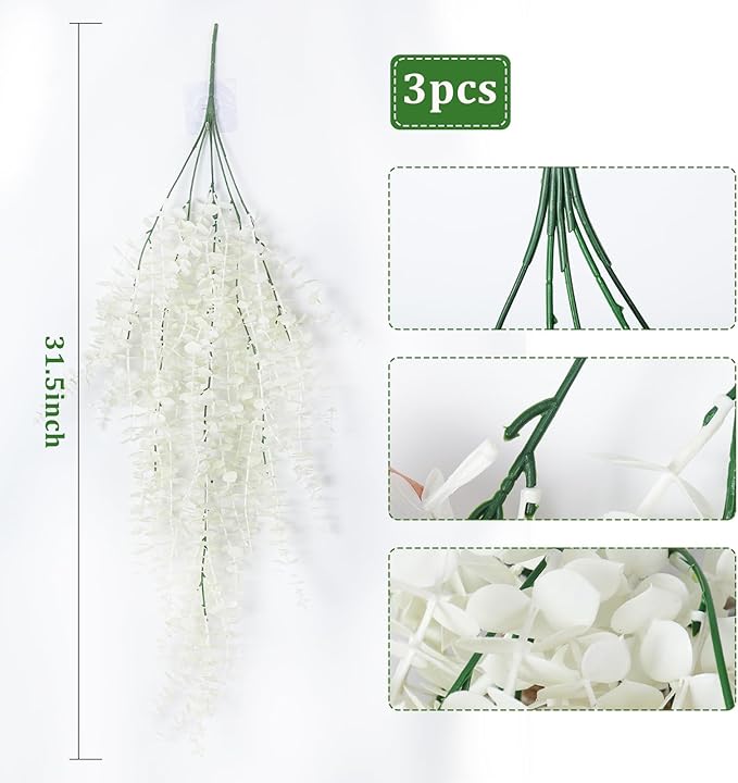 RECUTMS Fake Plant Hanging Eucalyptus Vines Plants Faux Eucalyptus Leaf Hanging Plant for Room Wedding Proch Yard Outdoor Home Wall Kitchen Bathroom Indoor Decoration in 3 Pcs(Pure White)
