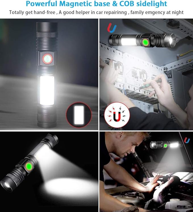Hoxida Rechargeable Flashlight(Battery Included), Magnetic LED Flashlight with COB sidelight, 1200 Lumen Super Bright LED, Waterproof, Zoomable, 4 Modes Best Flashlight for Camping, Emergency