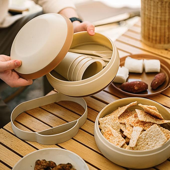 Camping Dishes Picnic Set, Camping Plates Cups and Bowls Set with Chopsticks and Spoons, BPA Free, 17PCS Portable Plastic Reusable Cutlery Set for 4, Portable Small Size, Not Microwave/Dishwasher Safe