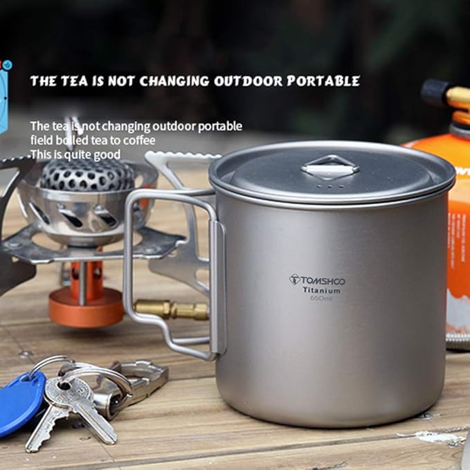 TOMSHOO Titanium Mug 650ml/22 oz Camping Pot with Lid - Foldable Handle Coffee Cup for Hiking, Travelling, Backpacking, Open Fire
