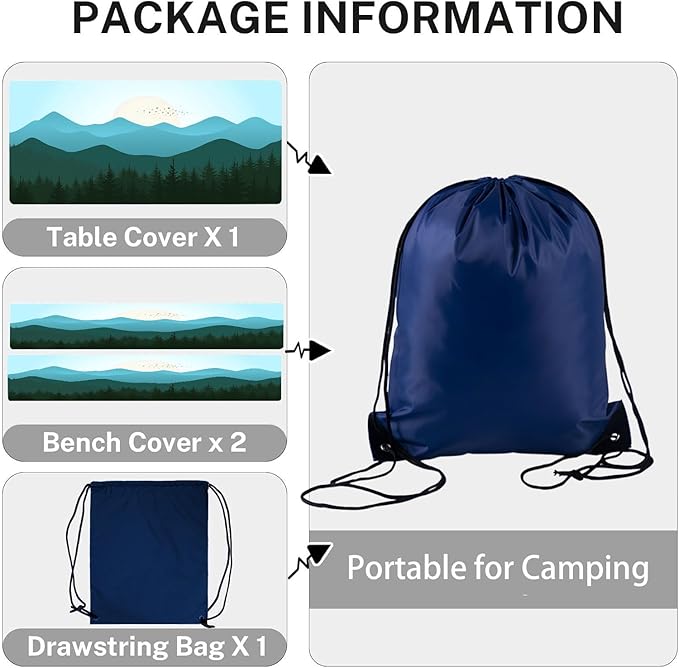 CAPSCEOLL Fitted Picnic Table Cover with Bench Covers with Elastic 8ft Waterproof Windproof Picnic Table Cloths Outdoor Camping Tablecloth with Drawstring Bag, 96X30In, Green Mountain