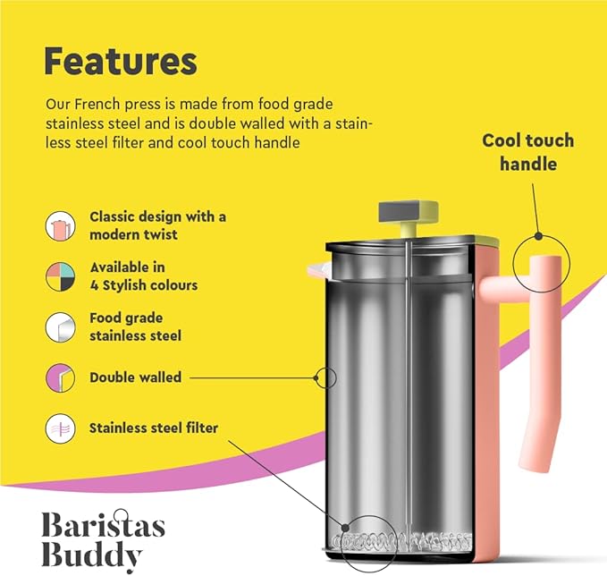 Cute Pink French Press Coffee Maker - Colorful, Retro And Stylish Insulated Coffee Brewer - Large Size Brews 4 Cups