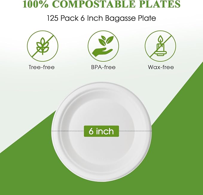 Vplus 125 Pack 6 inch Paper Plates 100% Compostable, Heavy-Duty Disposable Paper Plates Bagasse Natural Biodegradable Eco-Friendly Sugarcane(White)