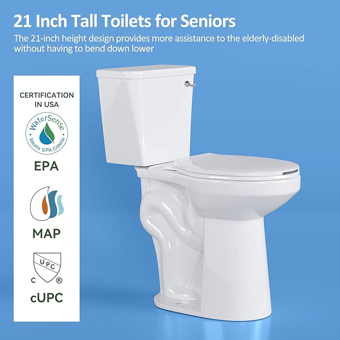 Simple Project Tall Toilets for Seniors 21 inch Extra High Toilets, ADA Comfort Toilet Bowl Heigh 21", Elongated Two-Piece Toilet 1.28GPF Powerful, 12 Inch Rough-in, Bone Color, for Bathroom
