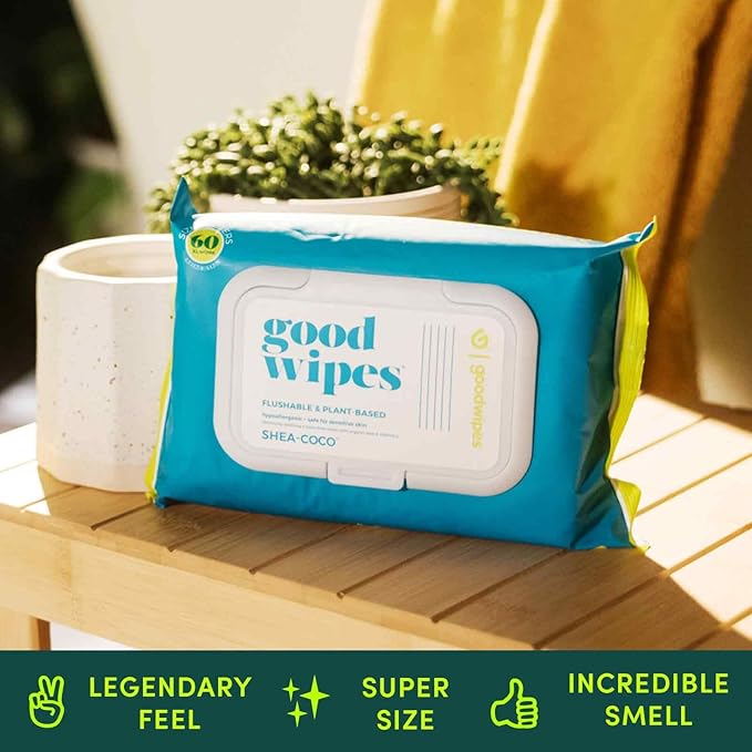 Goodwipes Flushable Butt Wipes - Vitamin E & Aloe - Soft & Gentle Wet Wipe Dispenser, Septic & Sewer Safe - Largest Adult Toilet Towelettes - Shea-Coco, 180 Count (3 Packs) + 3 Individually Wrapped
