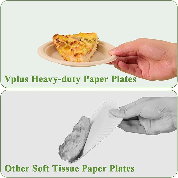 Vplus 125 Pack 6 inch Paper Plates 100% Compostable, Heavy-Duty Disposable Paper Plates Bagasse Natural Biodegradable Eco-Friendly Sugarcane(Nature)